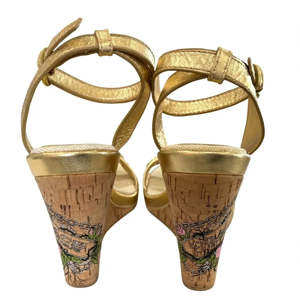 Coach Floral Cork Wedge Sandals‎ Gold Leather Chain Accent Ankle Strap Size 8B